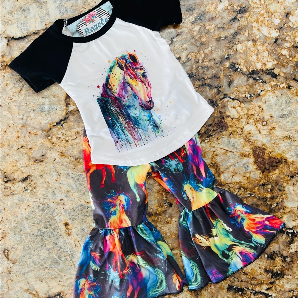 Neon Horse Cowgirl Bell Bottoms, Boho Hippie Horse